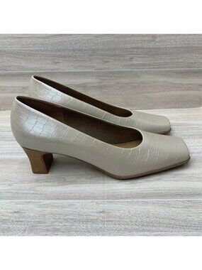 LifeStride Cream Croco Leather Square Toe Block Heel Pumps Mens 9M 90s Y2K